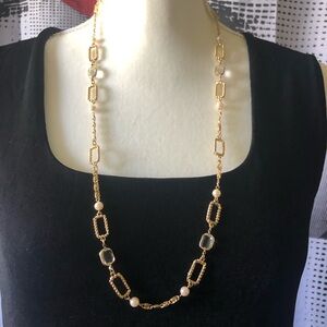 Gold Chain Fashion Necklace with Crystal and Pearl Accents